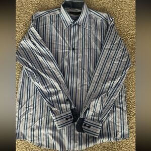 Bugatchi Uomo Men's Blue Striped Cotton Casual Shirt L Large